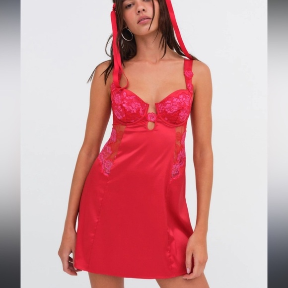 New! For Love and Lemons Red Cordelia Silky Satin Slip Dress 10970